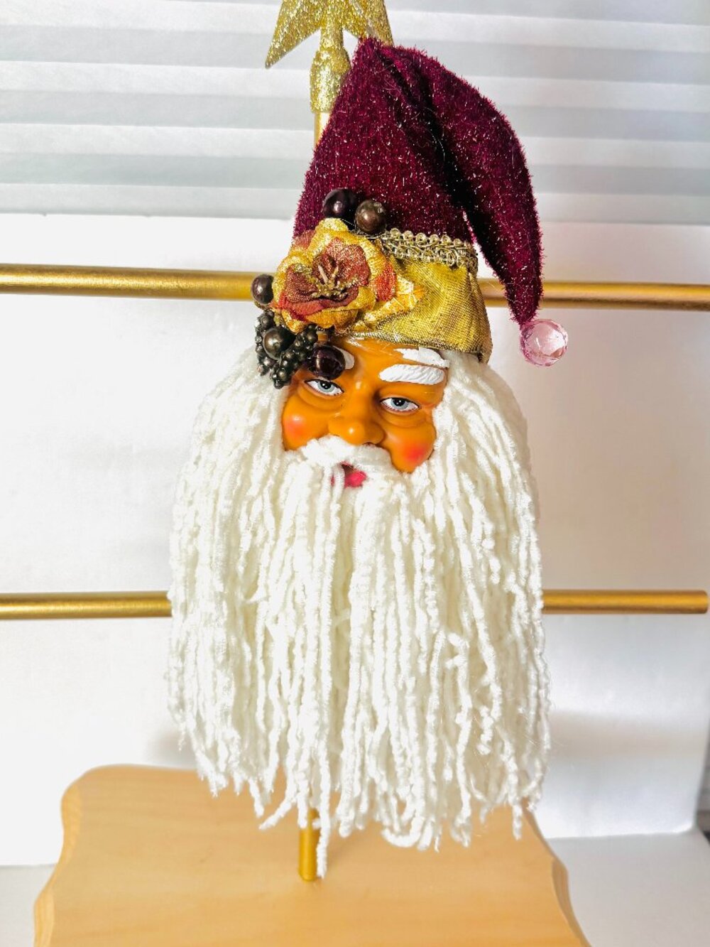 Vtg Santa Claus Velvet Ornate Yarn Beard Hanging 12" Head ornament
